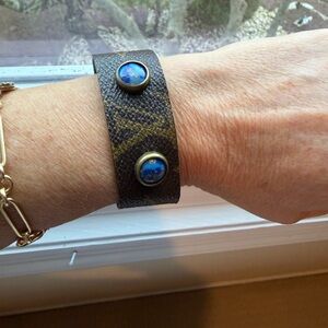 Vintage re-purposed Louis Vuitton Black and Gold Bracelet with Blue agate